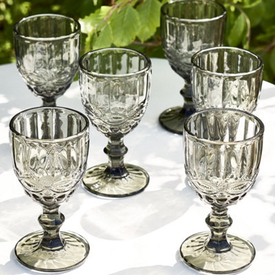 Set of 6 Vintage Luxury Smokey Grey Wine Goblets Drinking Glass Festive ...
