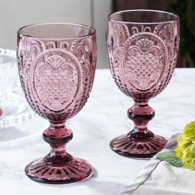 Set of 6 Vintage Pink & Clear Drinking Wine Glass Goblets Father's Day Wedding Decorations Ideas