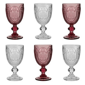 Set of 6 Vintage Pink & Clear Drinking Wine Glass Goblets
