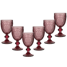 Set of 6 Vintage Pink Embossed Drinking Wine Glass Goblets