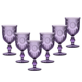 Set of 6 Vintage Purple Embossed Drinking Wine Glass Goblets