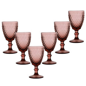 Set of 6 Vintage Red Diamond Embossed Drinking Wine Glass Goblets