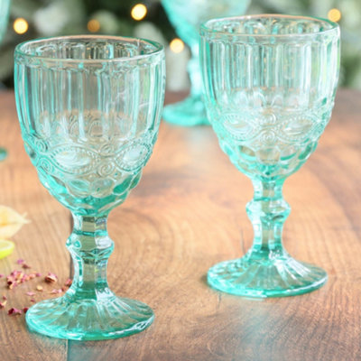 Set of 6 Vintage Sapphire Blue, Turquoise & Rose Quartz Drinking Wine Glass Goblets Wedding Decorations Ideas