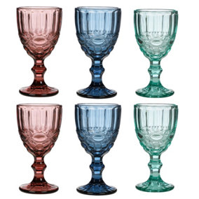Set of 6 Vintage Sapphire Blue, Turquoise & Rose Quartz Drinking Wine Glass Goblets