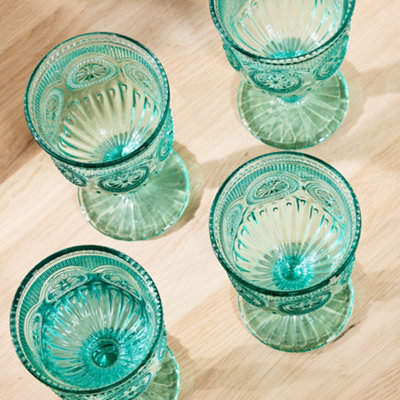 Set of 6 Vintage Turquoise Embossed Drinking Wine Glass Goblets Wedding Decorations Ideas