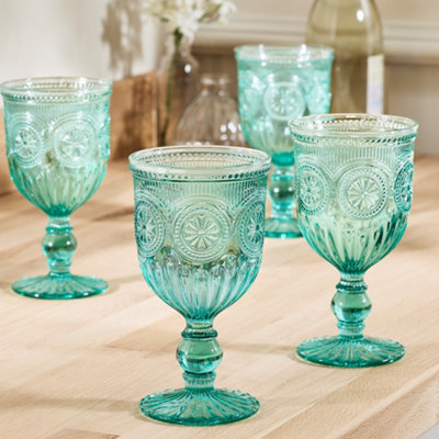 Set of 6 Vintage Turquoise Embossed Drinking Wine Glass Goblets
