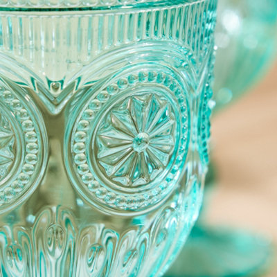 Set of 6 Vintage Turquoise Embossed Drinking Wine Glass Goblets
