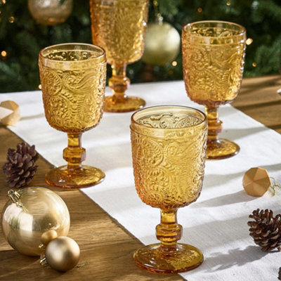 Buy Set of 6 Vintage Yellow Embossed Drinking Goblet Wine Glasses | DIY ...