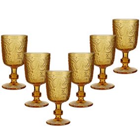 Set of 6 Vintage Yellow Embossed Drinking Goblet Wine Glasses