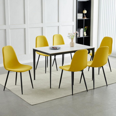 Set of 6 Yellow Linen Fabric Dining Chairs with Upholstered Seat and Metal Legs-Bella by MCC