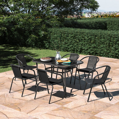 Set of 7 Black 6 Seater Garden Furniture Set Patio Glass Rectangular Umbrella Table and Stackable Chairs Set 120 cm