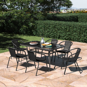 Set of 7 Black 6 Seater Garden Furniture Set Patio Glass Rectangular Umbrella Table and Stackable Chairs Set 150 cm