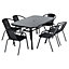 Set of 7 Black 6 Seater Garden Furniture Set Patio Glass Rectangular Umbrella Table and Stackable Chairs Set 150 cm