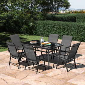 Set of 7 Black Garden Ripple Glass Rectangle Umbrella Table and Folding Chairs Set 150 cm