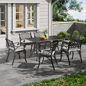 Set of 7  Black Outdoor  Bistro Garden Furniture Set Dining Set for Garden Patio Lounge Balcony  with Cushions 150cm