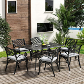 Set of 7 Black Retro Cast Aluminum Garden Bistro Furniture Set Table and Chair Set with Cushions 150 cm