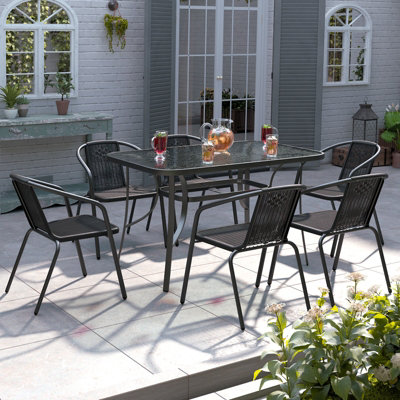 Set of 7 Black Tempered Glass 6 Seater Garden Furniture Set Outdoor Coffee Umbrella Table and Stackable Chairs 120 cm