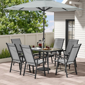 Set of 7 Black Tempered Glass Outdoor Coffee Umbrella Table and Folding Chairs Set 120 cm