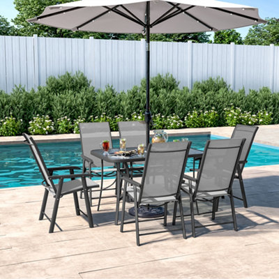 Set of 7 Black Tempered Glass Outdoor Coffee Umbrella Table and Folding ...