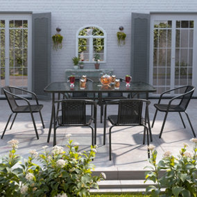Set of 7 Outdoor Garden Furniture Set Dining Set Tempered Glass Table Stacking Chair for Garden Patio Lounge Balcony  150 cm