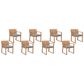 Set of 8 Acacia Wood Garden Dining Chairs with Grey Cushions SASSARI