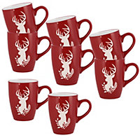 Set of 8 All Season Red Stag Stoneware Mugs