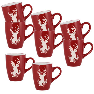 Set of 8 All Season Red Stag Stoneware Mugs