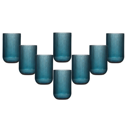 Set of 8 Blue Ribbed Tall Tumbler Whisky Glasses Wedding Decorations Ideas