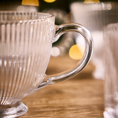 Set of Embossed Footed Glass Coffee Mug Clear Tea Cups