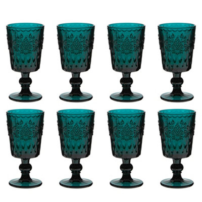 Set of 8 Luxury Embossed Dark Green Drinking Wine Glass Wine Goblets 290ml