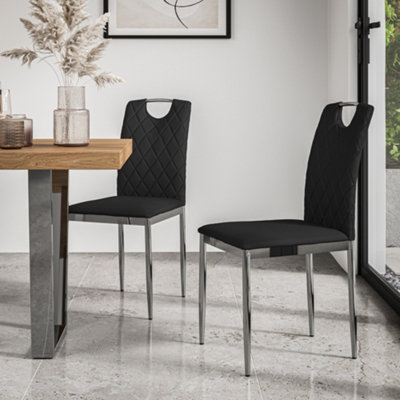 Set Of 8 Monza Faux Leather Dining Chair Modern Padded Seat Chrome Legs Kitchen (Black)