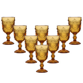Set of 8 Vintage Amber Embossed Drinking Wine Glass Goblets