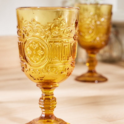 Set of 8 Vintage Amber Embossed Drinking Wine Glass Goblets