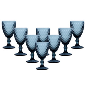 Set of 8 Vintage Blue Embossed Diamond Drinking Wine Glass Goblets