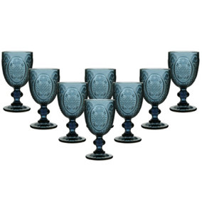 Set of 8 Vintage Blue Embossed Drinking Wine Glass Goblets Wedding Decorations Ideas