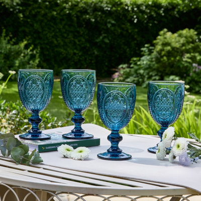 Set of 8 Vintage Blue Embossed Drinking Wine Glass Goblets