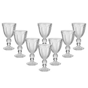 Set of 8 Vintage Clear Embossed Drinking Wine Goblet Glasses