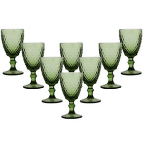Set of 8 Vintage Green Embossed Diamond Drinking Wine Glass Goblets