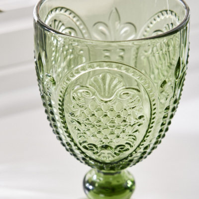 Set of 8 Vintage Green Embossed Drinking Goblet Wine Glasses Father's Day Wedding Decorations Ideas