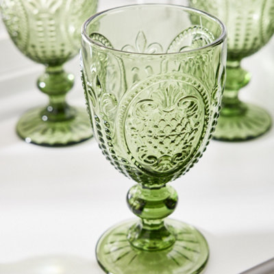 Set of 8 Vintage Green Embossed Drinking Goblet Wine Glasses
