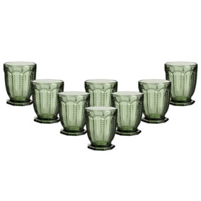 Set of 8 Vintage Green Embossed Drinking Short Tumbler Whisky Glasses