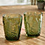 Set of 8 Vintage Green Leaf Embossed Drinking Glass Tumblers