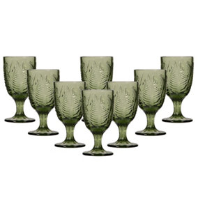 Set of 8 Vintage Green Leaf Embossed Drinking Wine Glass Goblets