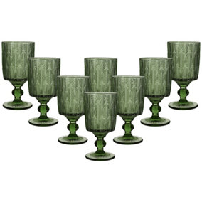 Set of 8 Vintage Green Trailing Leaf Drinking Goblet Glasses
