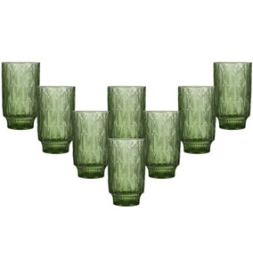 Set of 8 Vintage Green Trailing Leaf Drinking Tall Tumbler Glasses