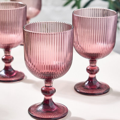 Set of 8 Vintage Luxury Pink Ribbed Drinking Glass Wine Goblets Festive ...