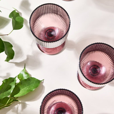Set of 8 Vintage Luxury Pink Ribbed Drinking Glass Wine Goblets Festive ...