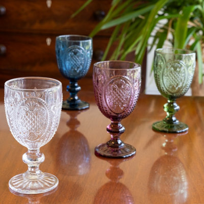 Set of 8 Vintage Mix Match Pink, Blue, Clear & Green Drinking Wine Glass Goblets Wedding Decorations Ideas