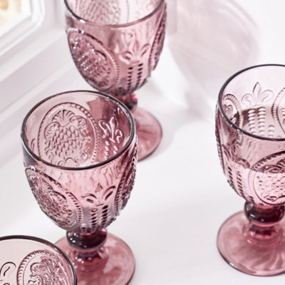 Set of 8 Vintage Pink Embossed Drinking Wine Glass Goblets Father's Day Gifts Ideas