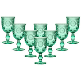Set of 8 Vintage Turquoise Embossed Drinking Wine Glass Goblets
